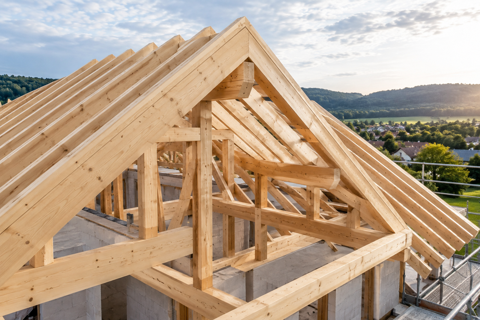 Dachstuhl aus Holz auf einer Baustelle