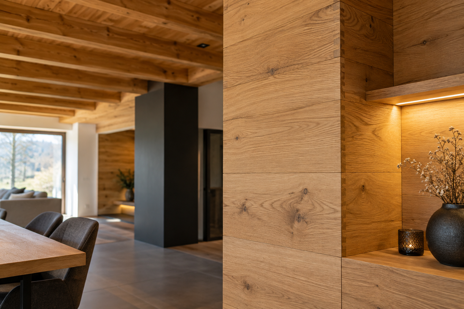Moderner Innenausbau mit Holzverkleidung und Deckenbalken