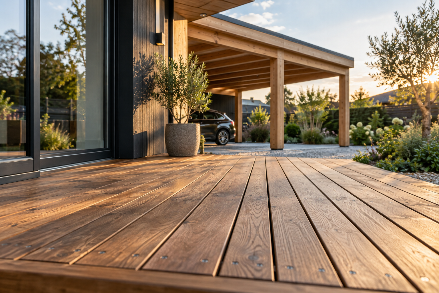 Holzterrasse mit Carport an einem modernen Wohnhaus